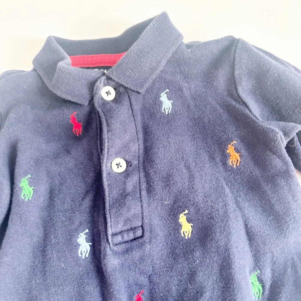 Ralph‎ Lauren Baby Boys Navy Multi Pony Embroidery Preppy Polo Romper Size 3M